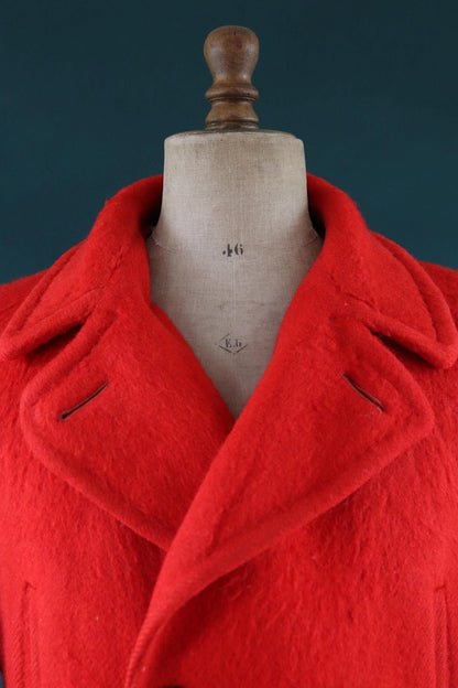 Vintage 1940s 40s 1950s 50s Hudsons Bay red black stripe wool winter mackinaw coat jacket belted double breasted Canada 48" 4 point blanket