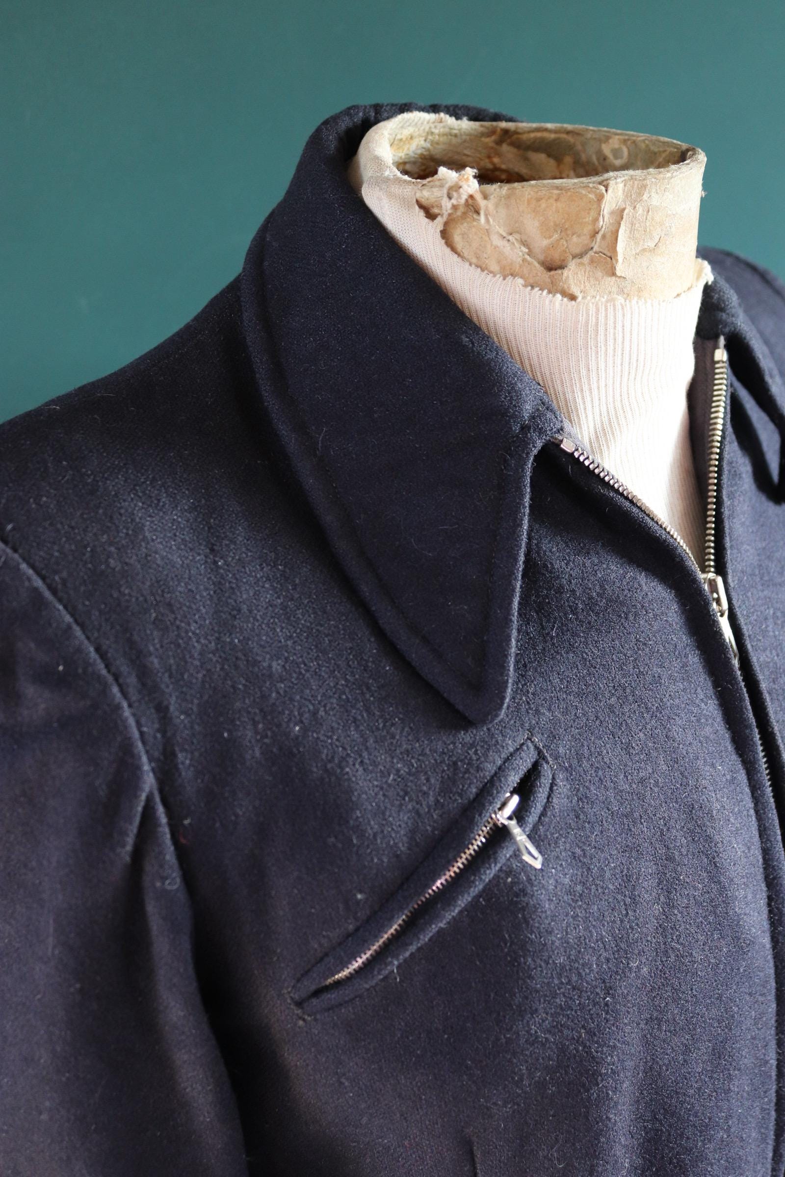 Vintage 1930s 30s indigo blue wool blouson ski jacket 38" chest action back Opti grommet zipper