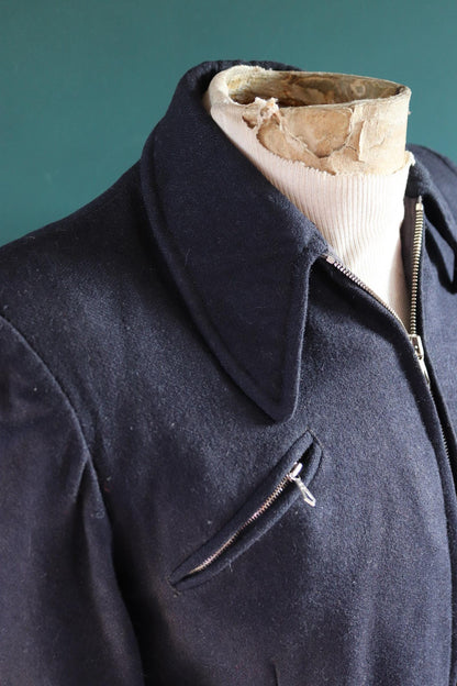 Vintage 1930s 30s indigo blue wool blouson ski jacket 38" chest action back Opti grommet zipper