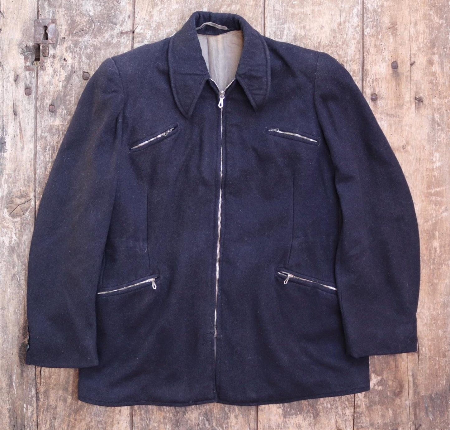 Vintage 1930s 30s indigo blue wool blouson ski jacket 38" chest action back Opti grommet zipper