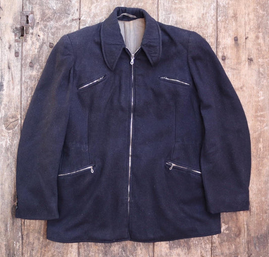Vintage 1930s 30s indigo blue wool blouson ski jacket 38" chest action back Opti grommet zipper