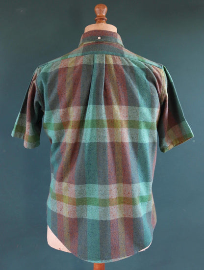 Vintage 1970s 70s Kennington California nubby windowpane checked short sleeve button down collar shirt green teal blue 44" chest Ivy style