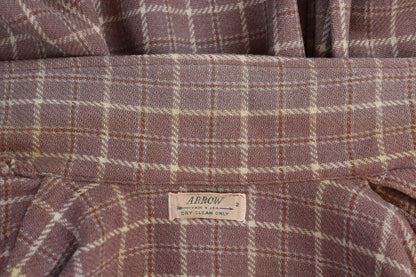 Vintage 1940s 40s Arrow brown lavender heather wool plaid checked shirt 46” chest swallowtail collar