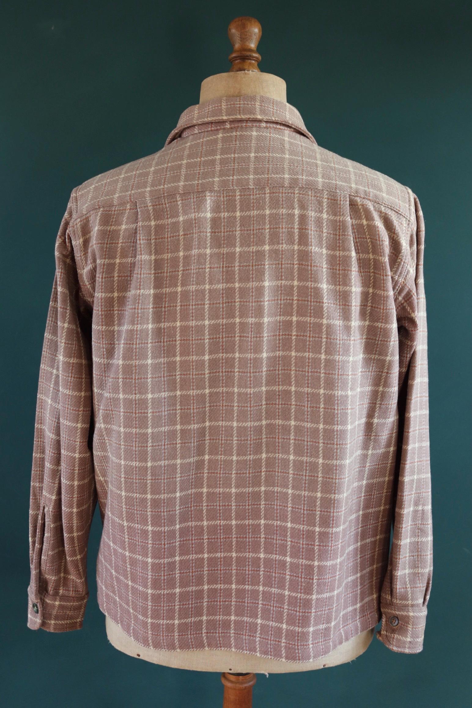 Vintage 1940s 40s Arrow brown lavender heather wool plaid checked shirt 46” chest swallowtail collar