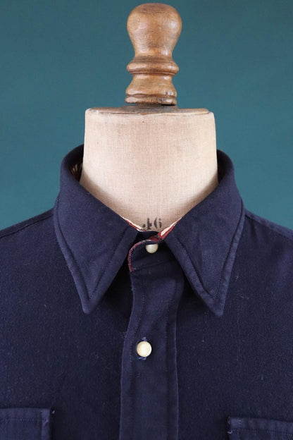 Vintage 1960s 60s Duke’s of Houston Texas plain navy blue wool gabardine Western cowboy shirt 50" chest rockabilly country