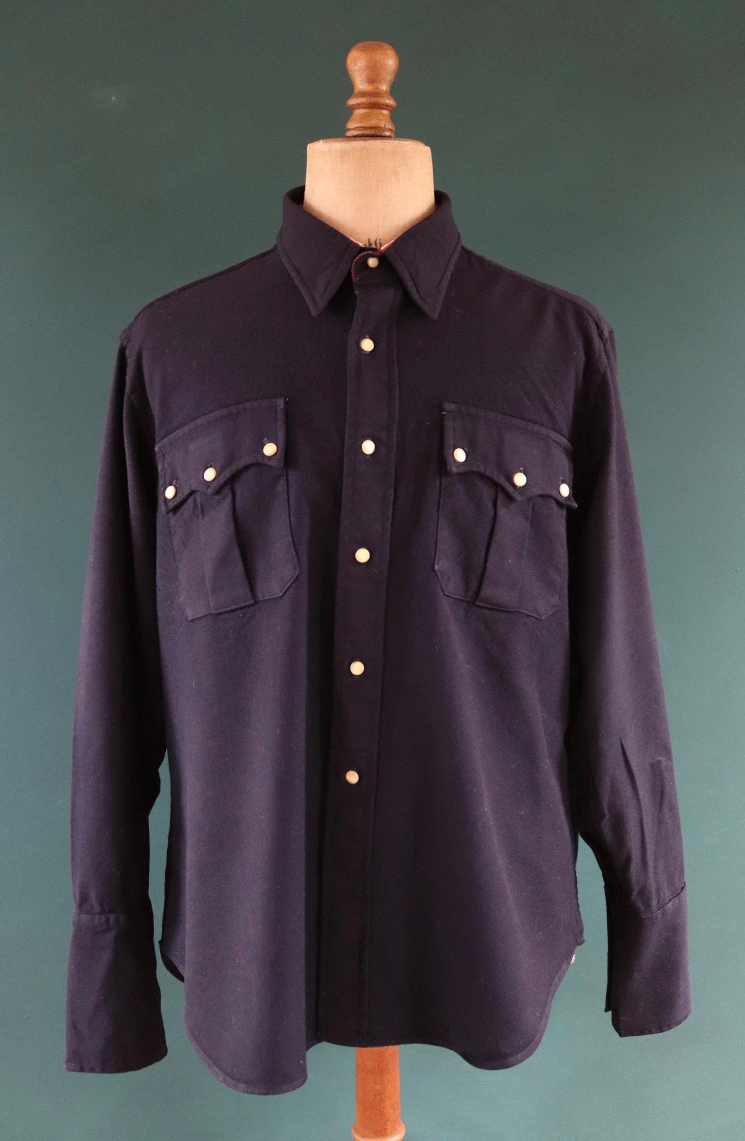 Vintage 1960s 60s Duke’s of Houston Texas plain navy blue wool gabardine Western cowboy shirt 50" chest rockabilly country