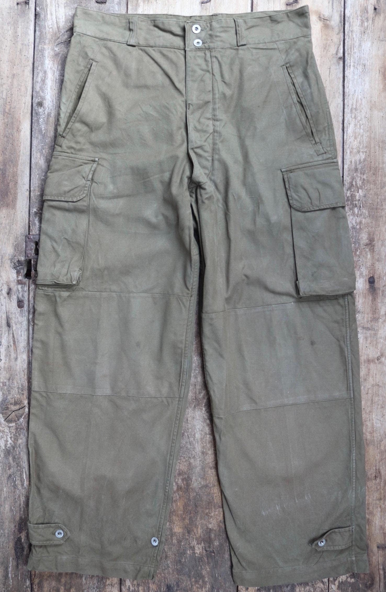 Vintage French workwear cargo pants trousers M47 M-47 khaki green cotton overalls army military 36” x 31” work chore 1940s 1950s