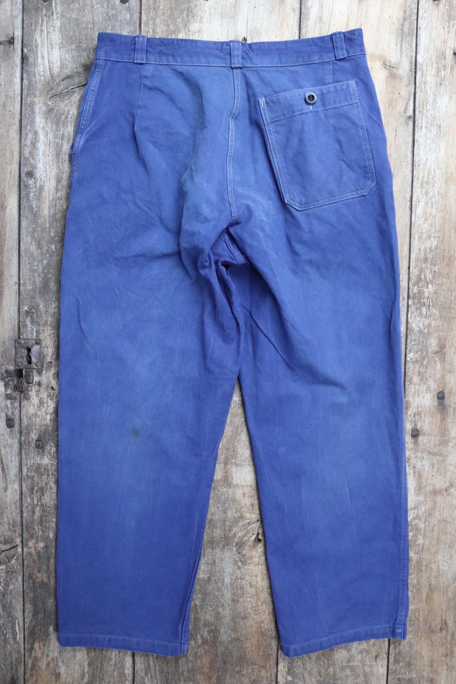 Vintage French workwear trousers pants indigo cotton twill 1940s 1950s work chore 32” x 27”