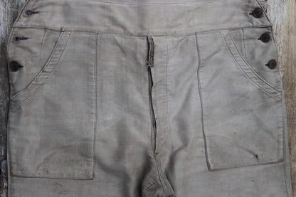 Vintage French workwear overalls dungarees 1950s moleskin brown work chore patched repaired darned 42” x 30”