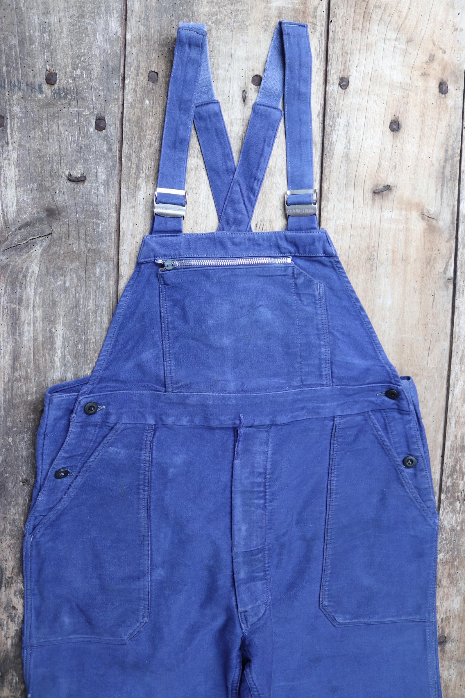 Vintage French workwear overalls dungarees moleskin 1960s work chore bib brace 37” x 28” bleu de travail repaired darned