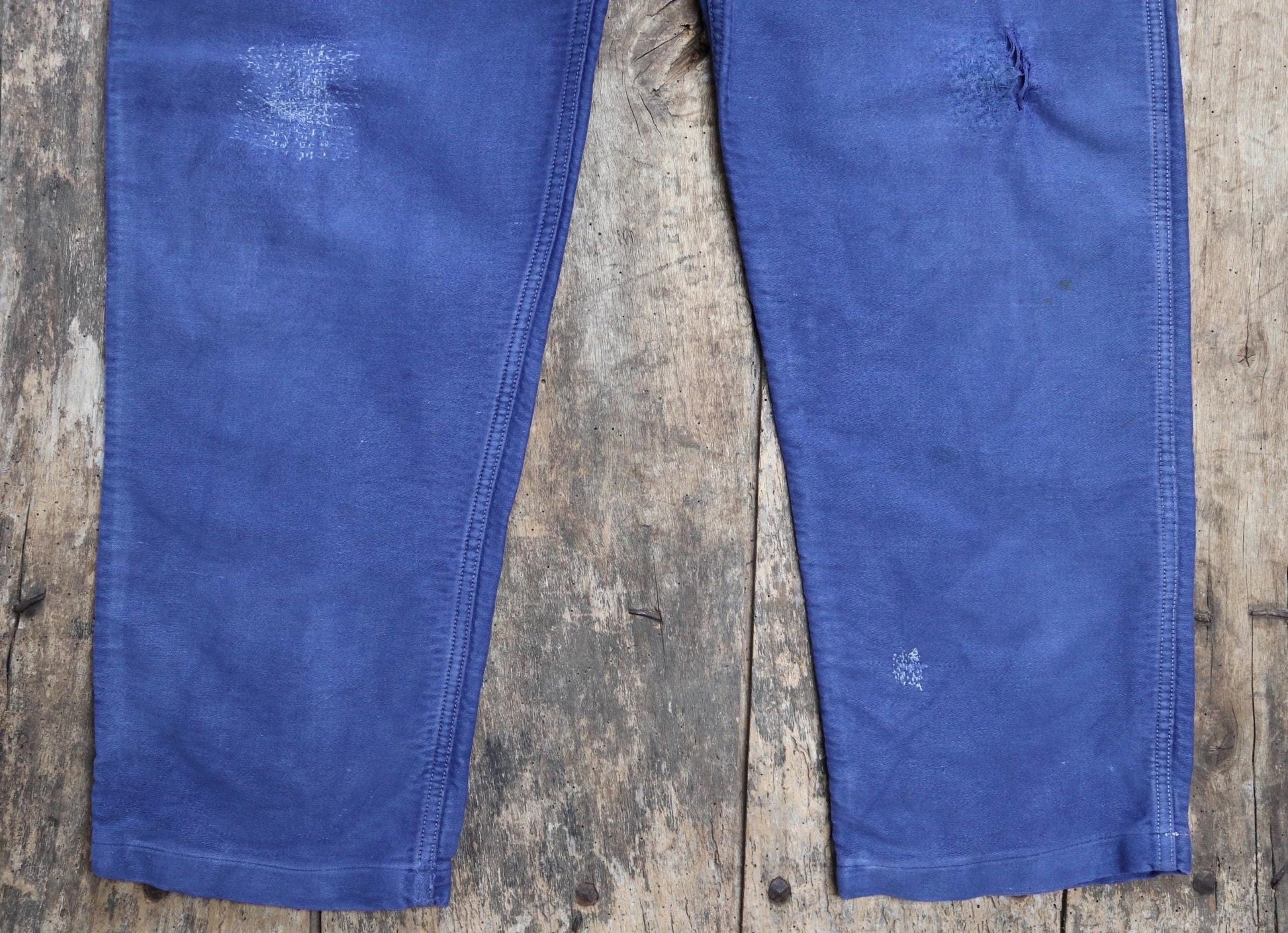 Vintage French workwear overalls dungarees moleskin 1960s work chore bib brace 37” x 28” bleu de travail repaired darned