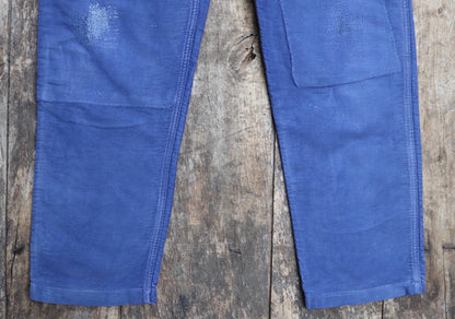 Vintage French workwear overalls dungarees moleskin work chore bib brace 37” x 28” bleu de travail repaired darned 1960s