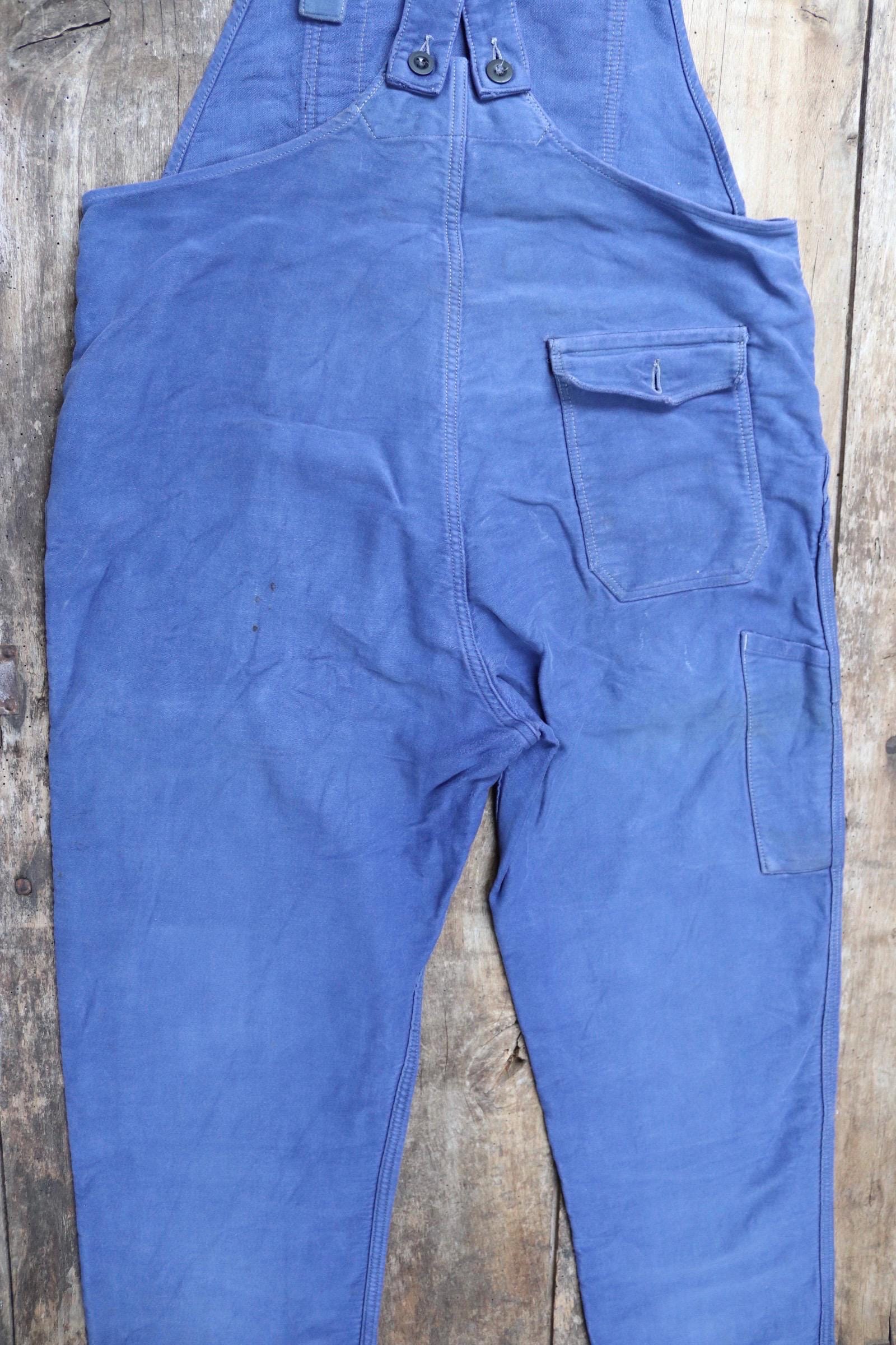 Vintage French workwear overalls dungarees moleskin work chore bib brace 37” x 28” bleu de travail repaired darned 1960s