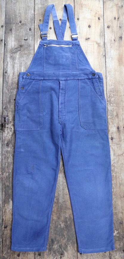 Vintage French workwear overalls dungarees moleskin work chore bib brace 39” x 28” bleu de travail repaired darned 1960s