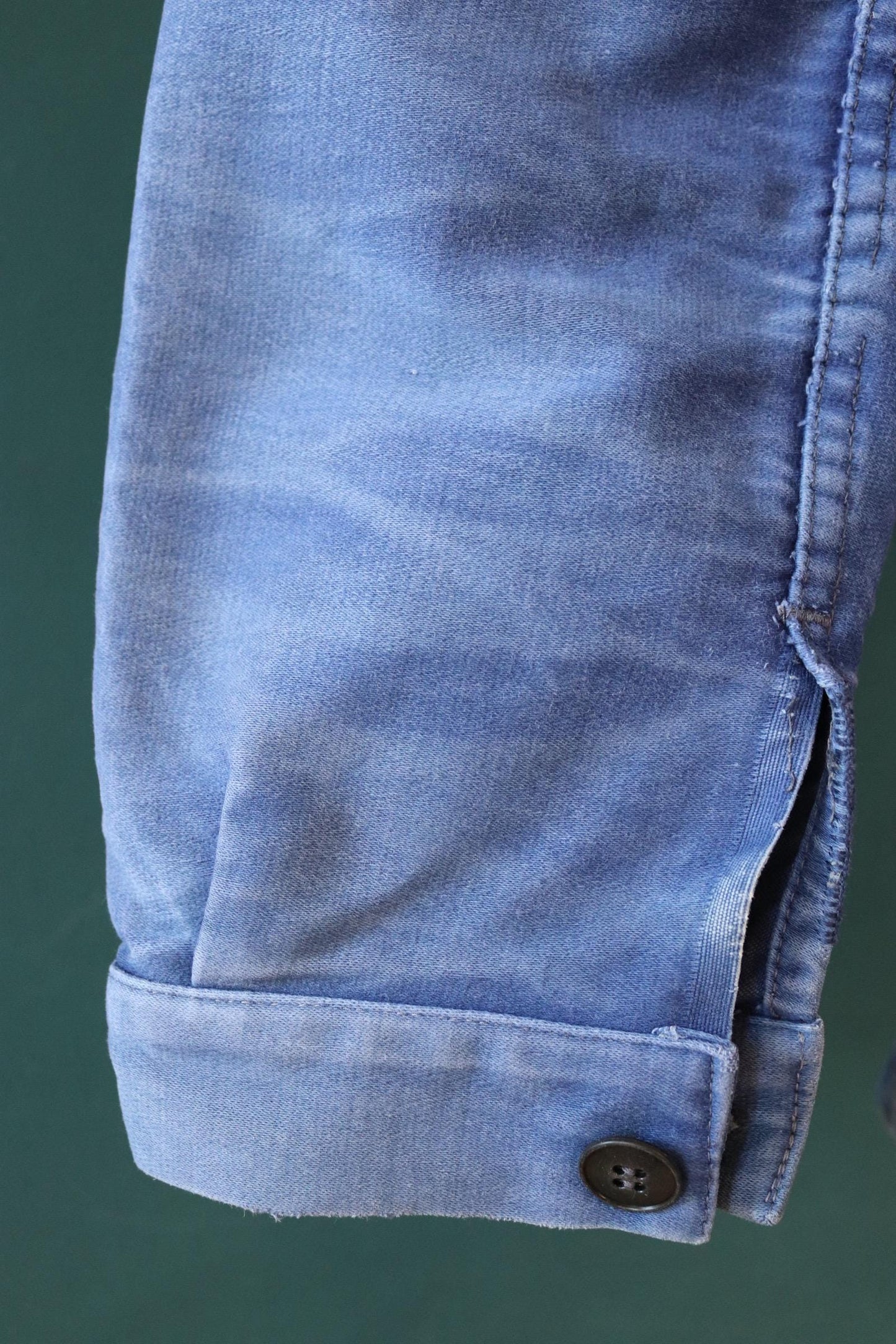 Vintage French workwear jacket blue moleskin work chore faded 41” chest bleu de travail 1940s 1950s
