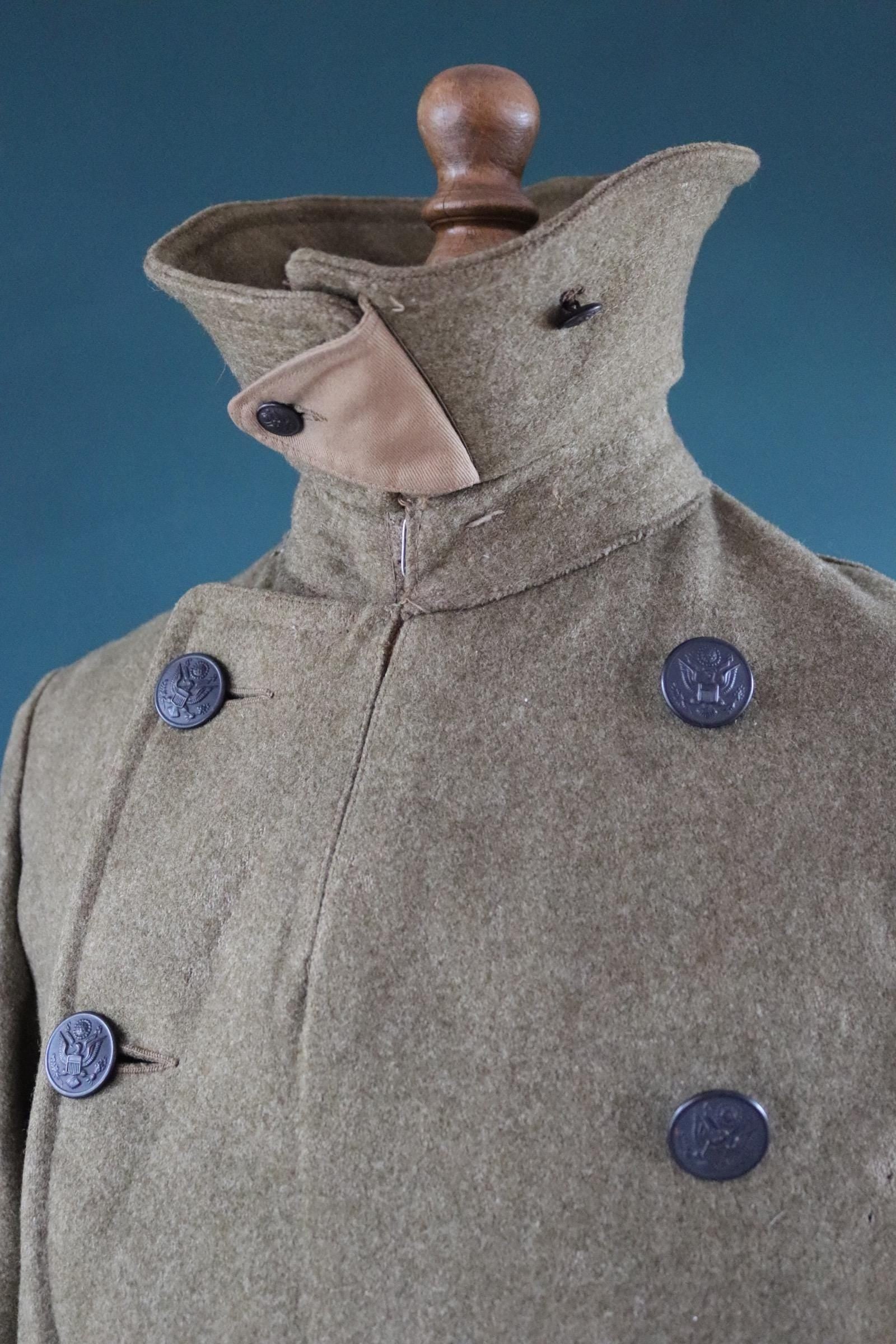Vintage antique 1910s 10s WW1 M1917 M 1917 US army military doughboy khaki green wool trench great coat overcoat 42” chest