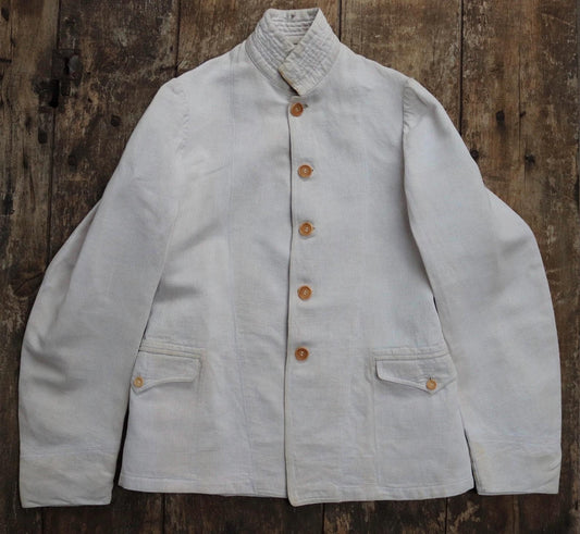 Antique WW1 French linen jacket vintage military 1910s army bourgeron work workwear 34” chest ecru white herringbone
