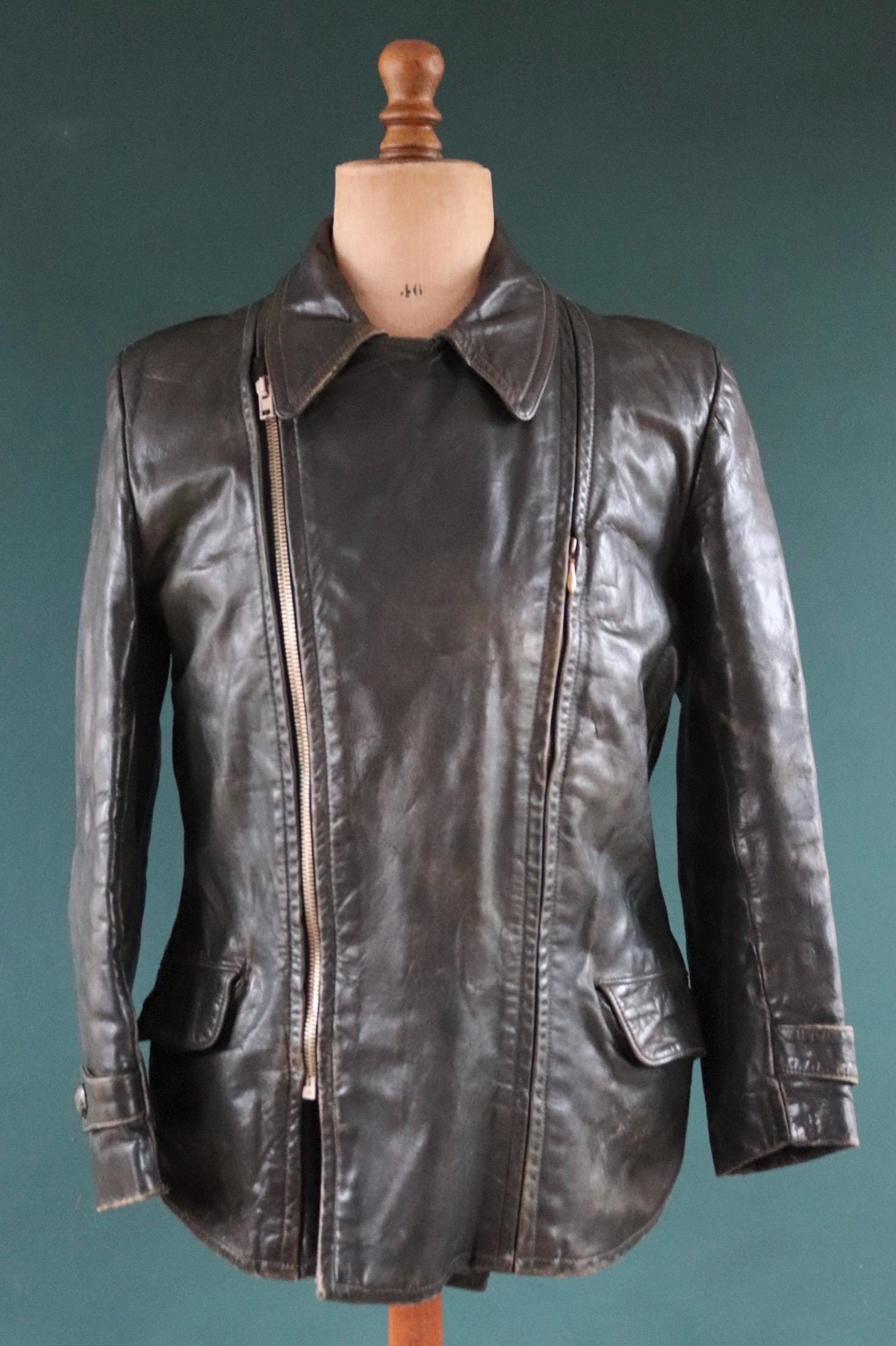 Vintage 1950s 50s 1960s 60s leather jacket German dark green horsehide biker motorcycle car coat 42” chest