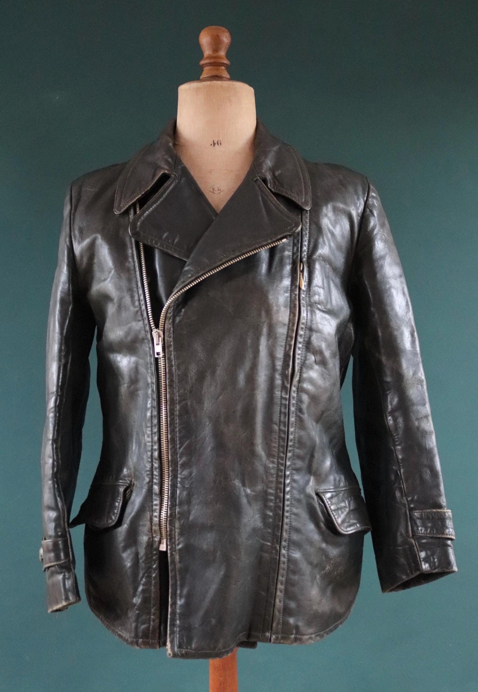 Vintage 1950s 50s 1960s 60s leather jacket German dark green horsehide biker motorcycle car coat 42” chest