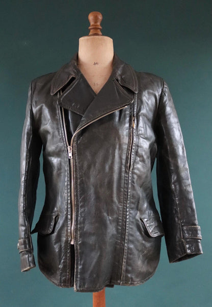 Vintage 1950s 50s 1960s 60s leather jacket German dark green horsehide biker motorcycle car coat 42” chest