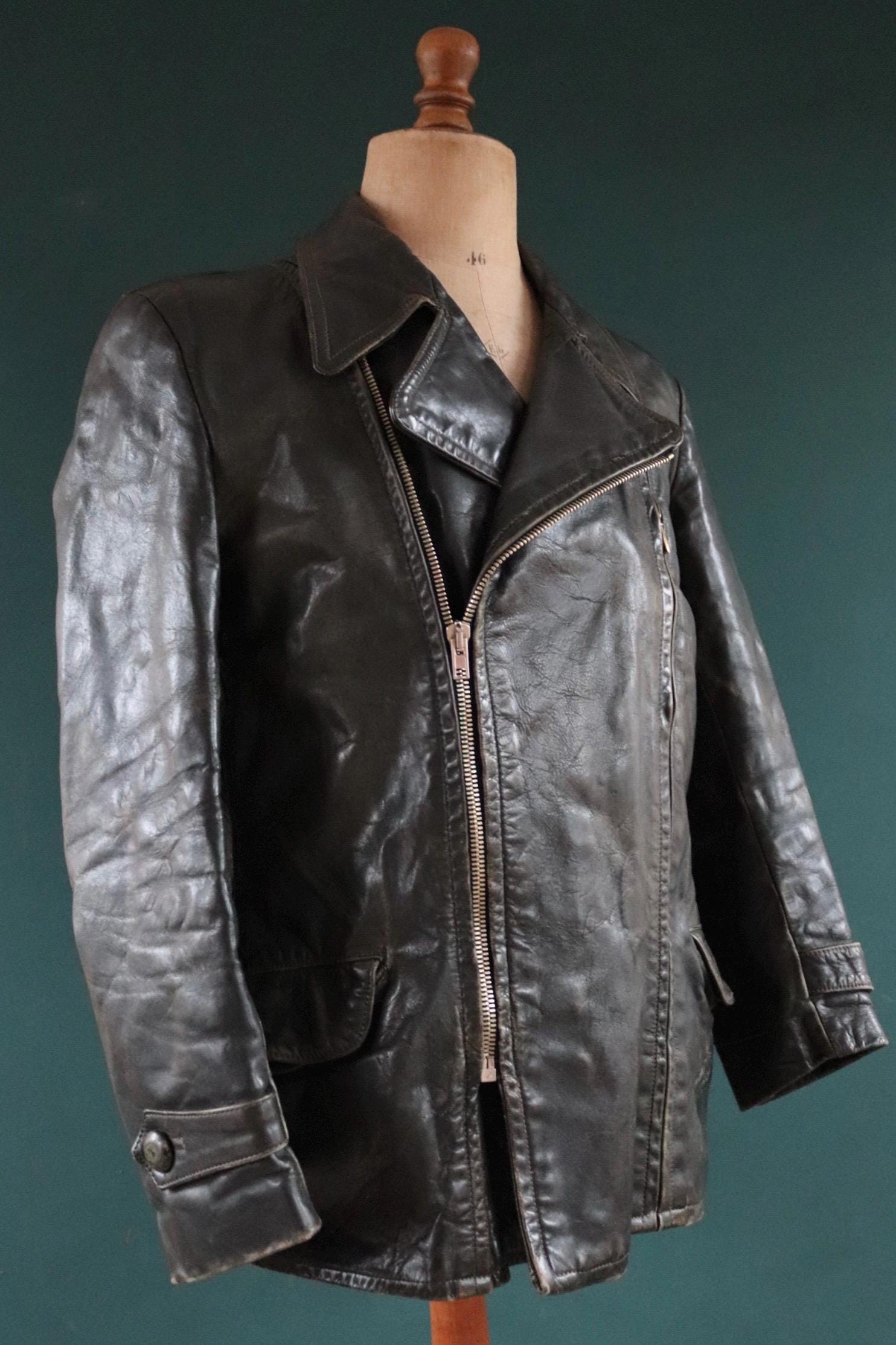 Vintage 1950s 50s 1960s 60s leather jacket German dark green horsehide biker motorcycle car coat 42” chest