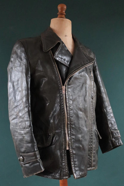 Vintage 1950s 50s 1960s 60s leather jacket German dark green horsehide biker motorcycle car coat 42” chest
