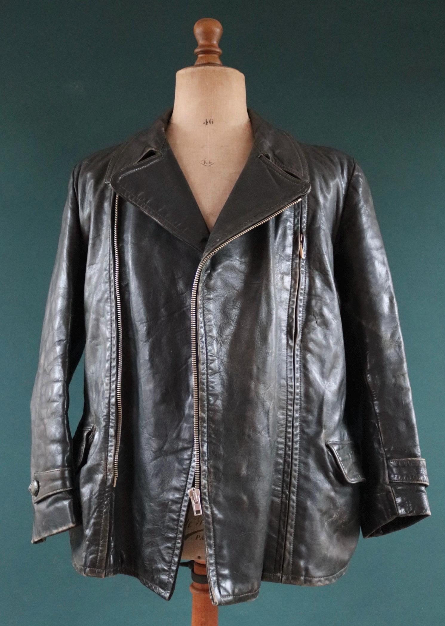 Vintage 1950s 60s German leather jacket - dark green horsehide - biker motorcycle - car coat - 42” chest