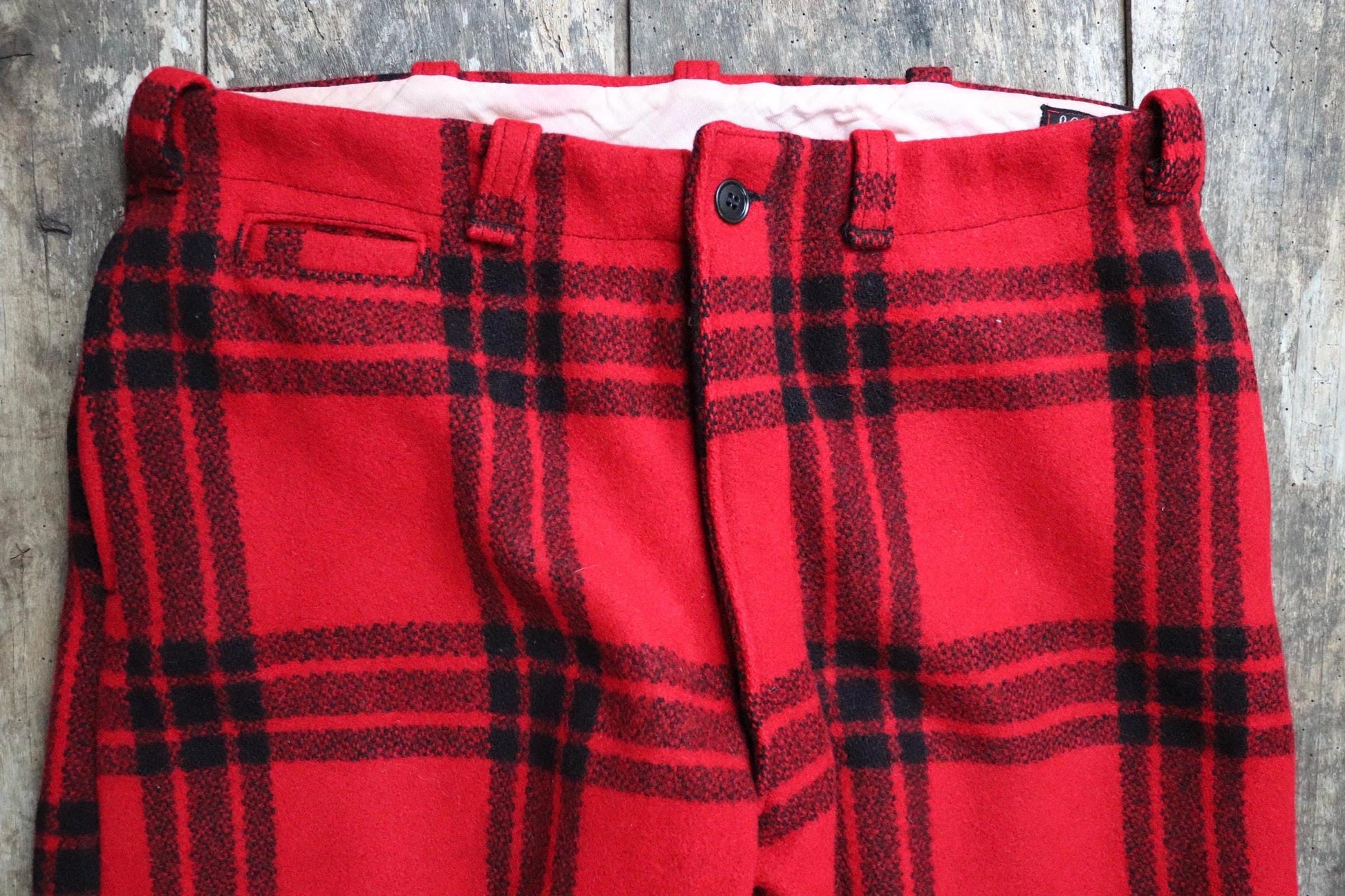 Vintage 1960s 60s JC Higgins Sears red black checked plaid wool hunting trousers breeches suspender buttons 38" x 30"