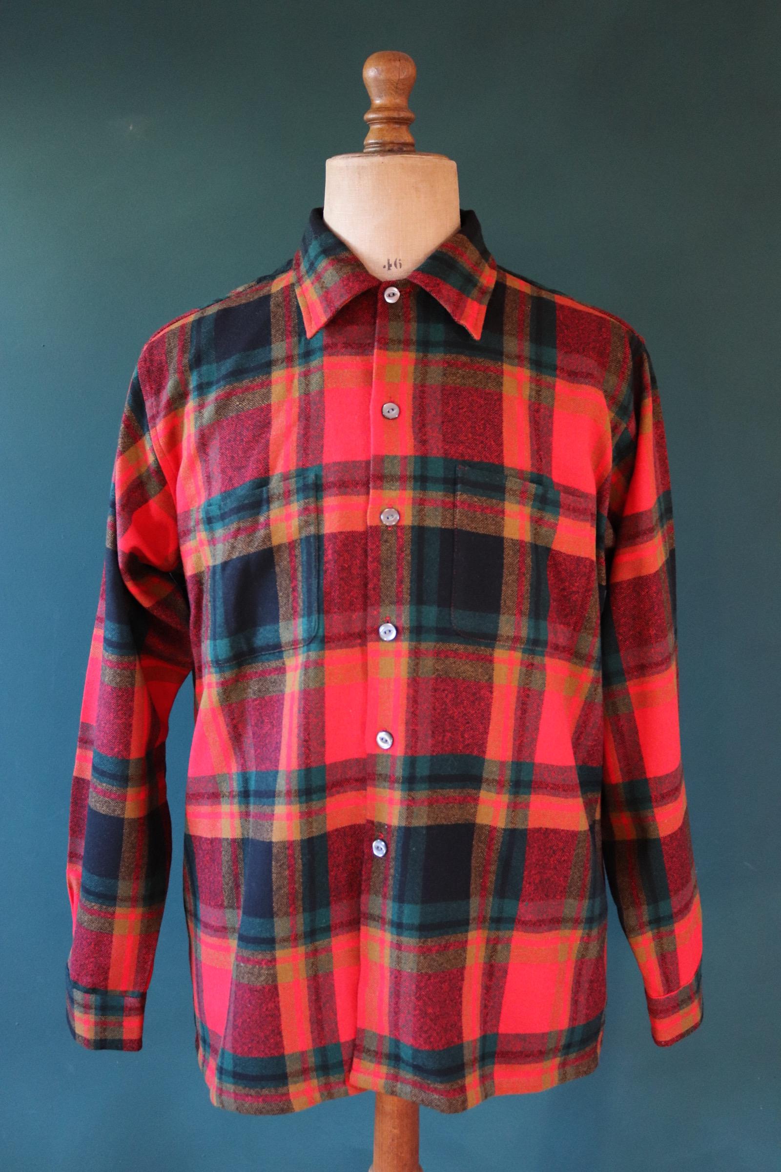 Vintage 1960s 60s 1970s 70s Puritan plaid checked red green field camp shirt hiking camping wool 48” chest logger workwear
