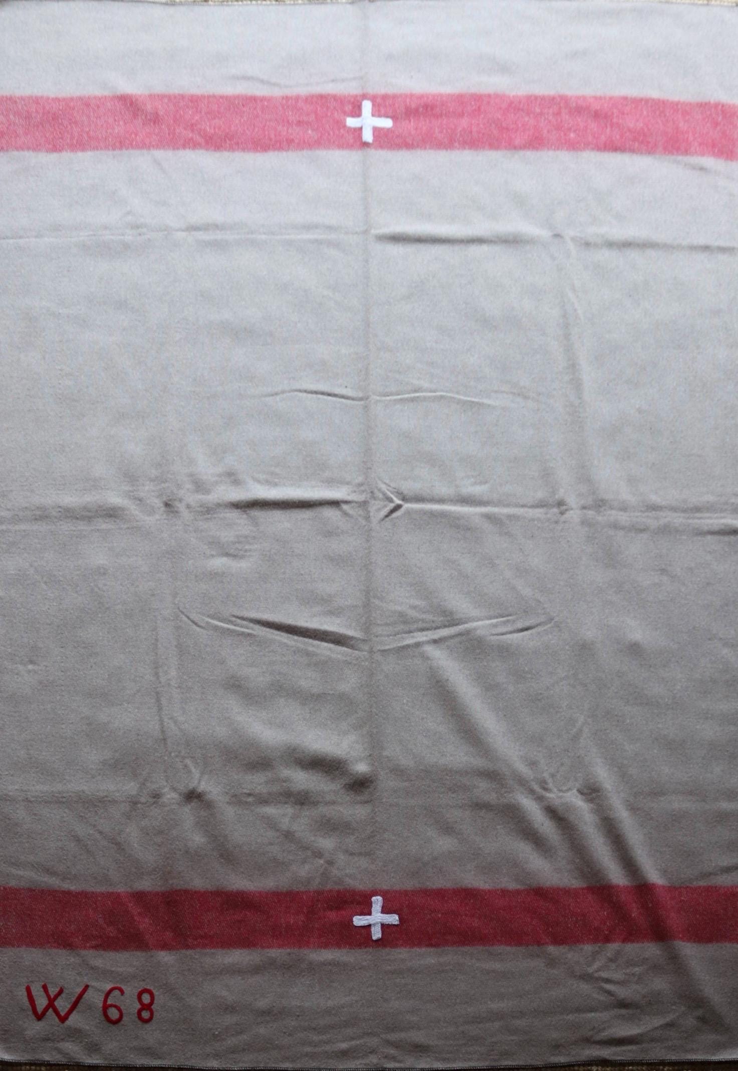 Vintage 1960s 60s Swiss army military rug blanket wool taupe red striped chain stitched log cabin camping sofa throw bed picnic