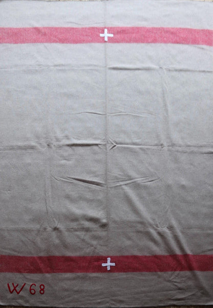 Vintage 1960s 60s Swiss army military rug blanket wool taupe red striped chain stitched log cabin camping sofa throw bed picnic