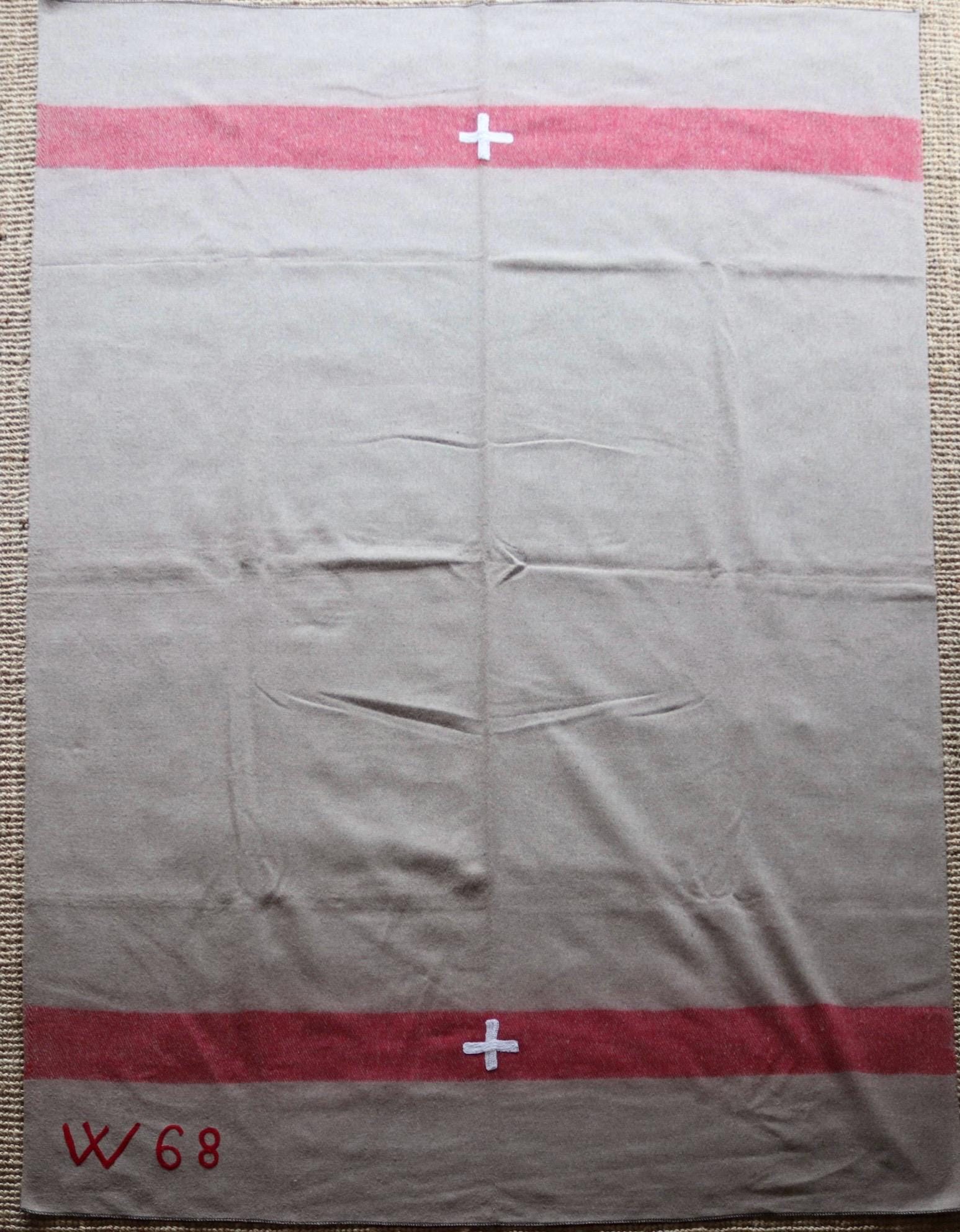 Vintage 1960s 60s Swiss army military rug blanket wool taupe red striped chain stitched log cabin camping sofa throw bed picnic