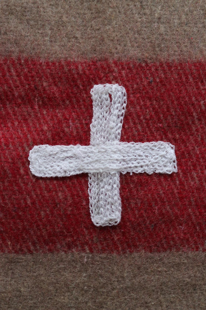 Vintage 1960s 60s Swiss army military rug blanket wool taupe red striped chain stitched log cabin camping sofa throw bed picnic