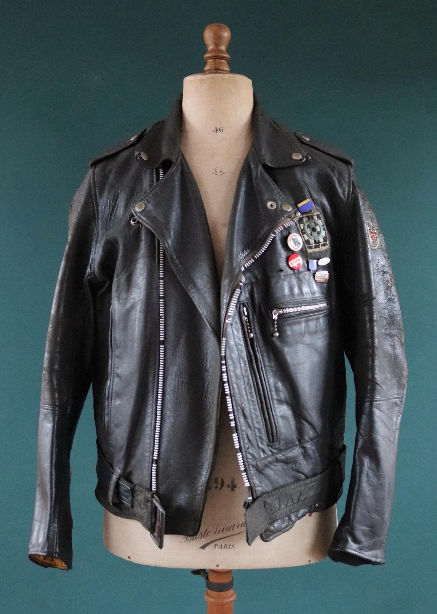 Vintage 1960s 60s black leather jacket Aviakit Lewis Leathers biker motorcycle 45” chest ball chain Lightning zipper patches BSA