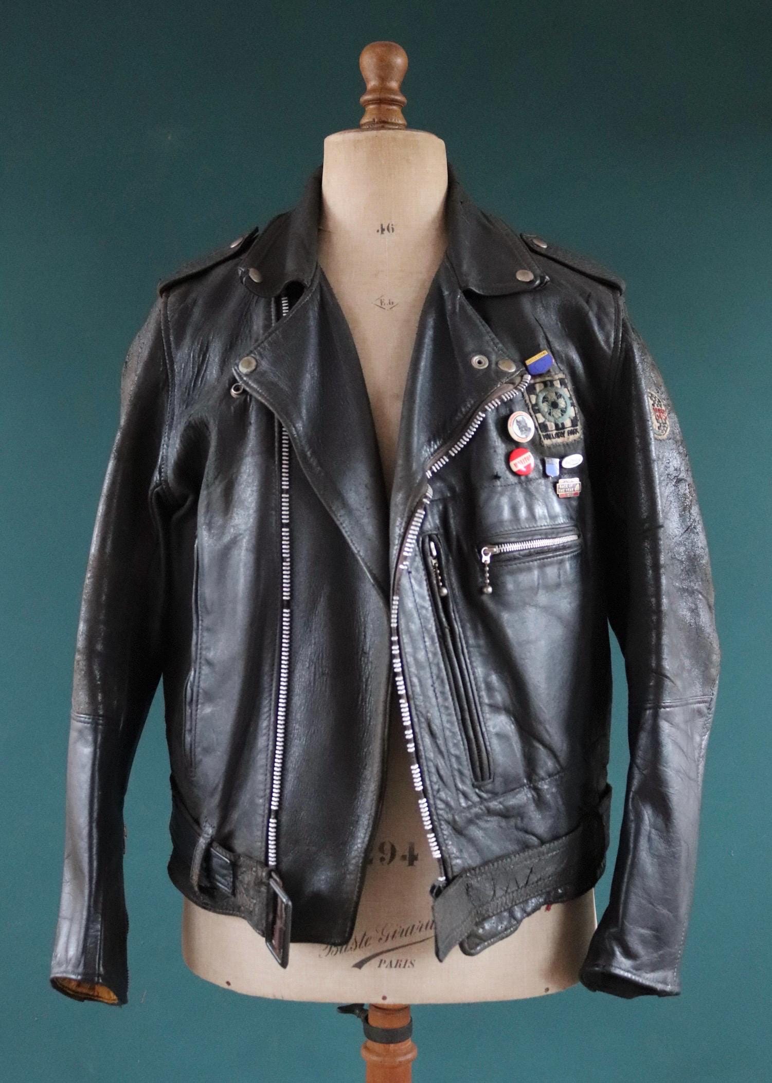 Vintage 1960s 60s black leather jacket Aviakit Lewis Leathers biker motorcycle 45” chest ball chain Lightning zipper patches BSA
