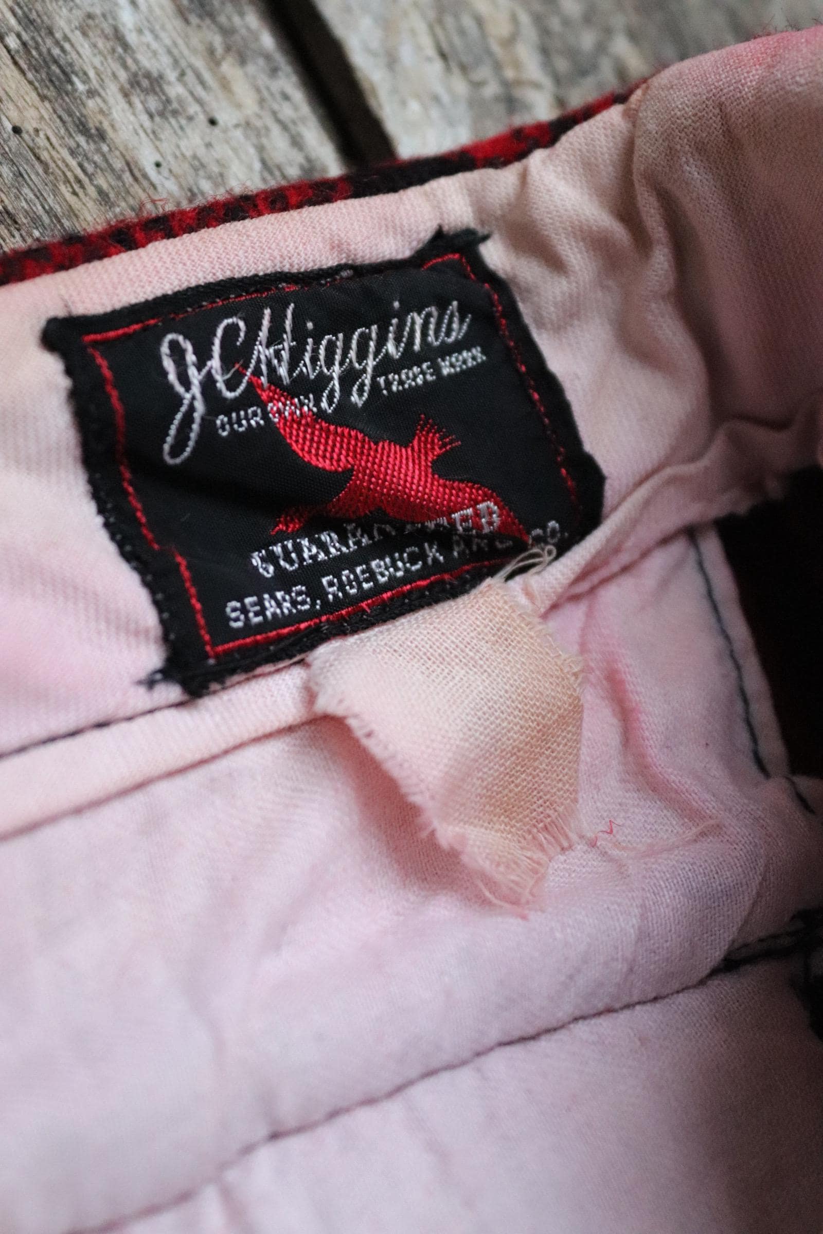 Vintage 1960s 60s JC Higgins Sears red black checked plaid wool hunting trousers breeches suspender buttons 38" x 30"