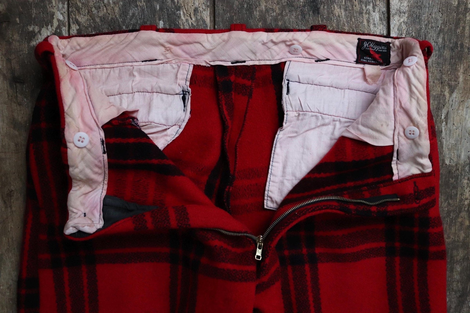 Vintage 1960s 60s JC Higgins Sears red black checked plaid wool hunting trousers breeches suspender buttons 38" x 30"