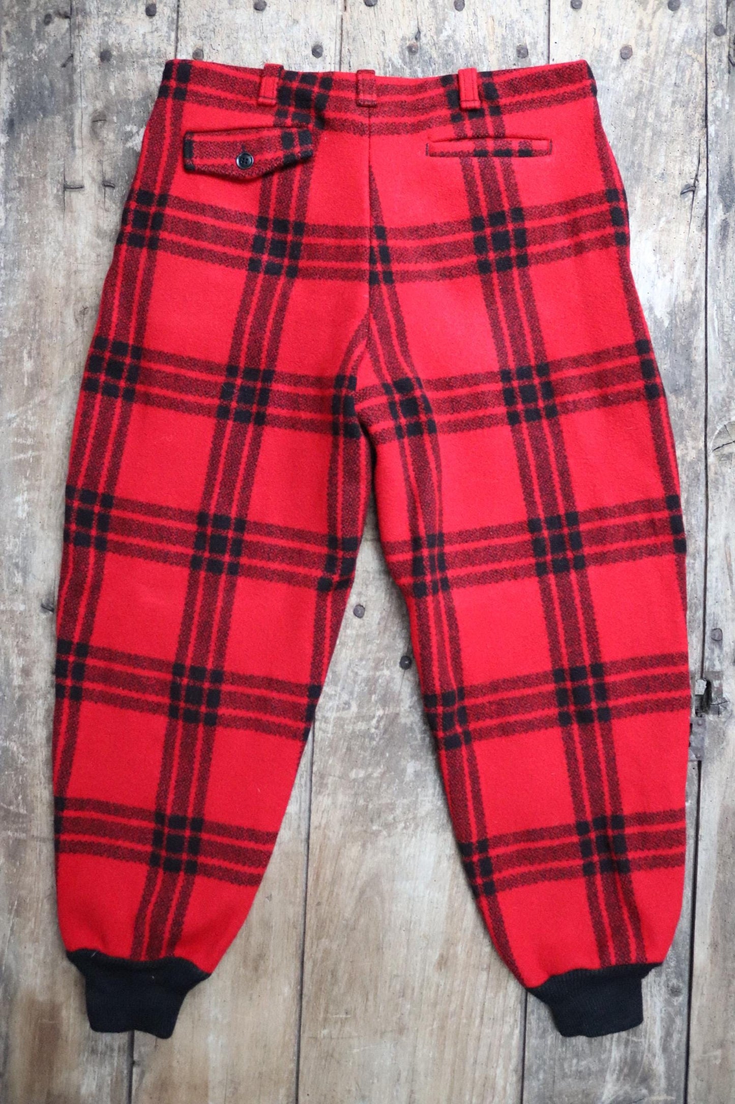 Vintage 1960s 60s JC Higgins Sears red black checked plaid wool hunting trousers breeches suspender buttons 38" x 30"