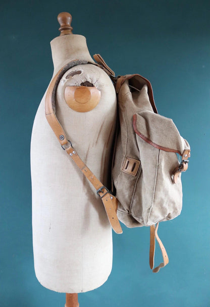Vintage 1950s 50s French army military Lafuma khaki green rucksack backpack leather cotton canvas camping gear hiking metal frame