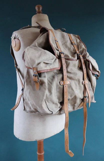 Vintage 1950s 50s French army military Lafuma khaki green rucksack backpack leather cotton canvas camping gear hiking metal frame