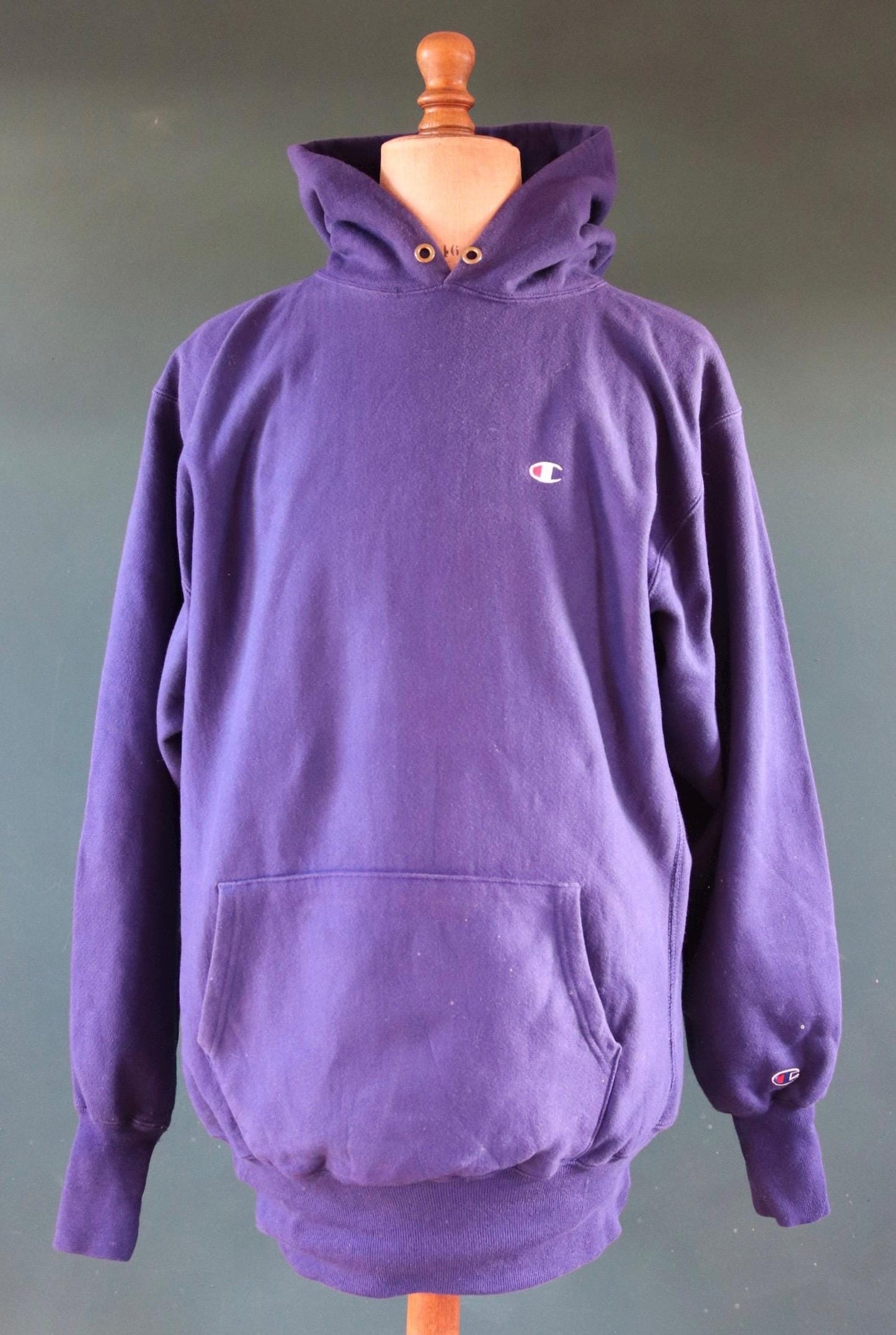 Vintage 1990s 90s Champion navy blue plain hooded sweatshirt 51" chest sports sportswear reverse weave hoodie