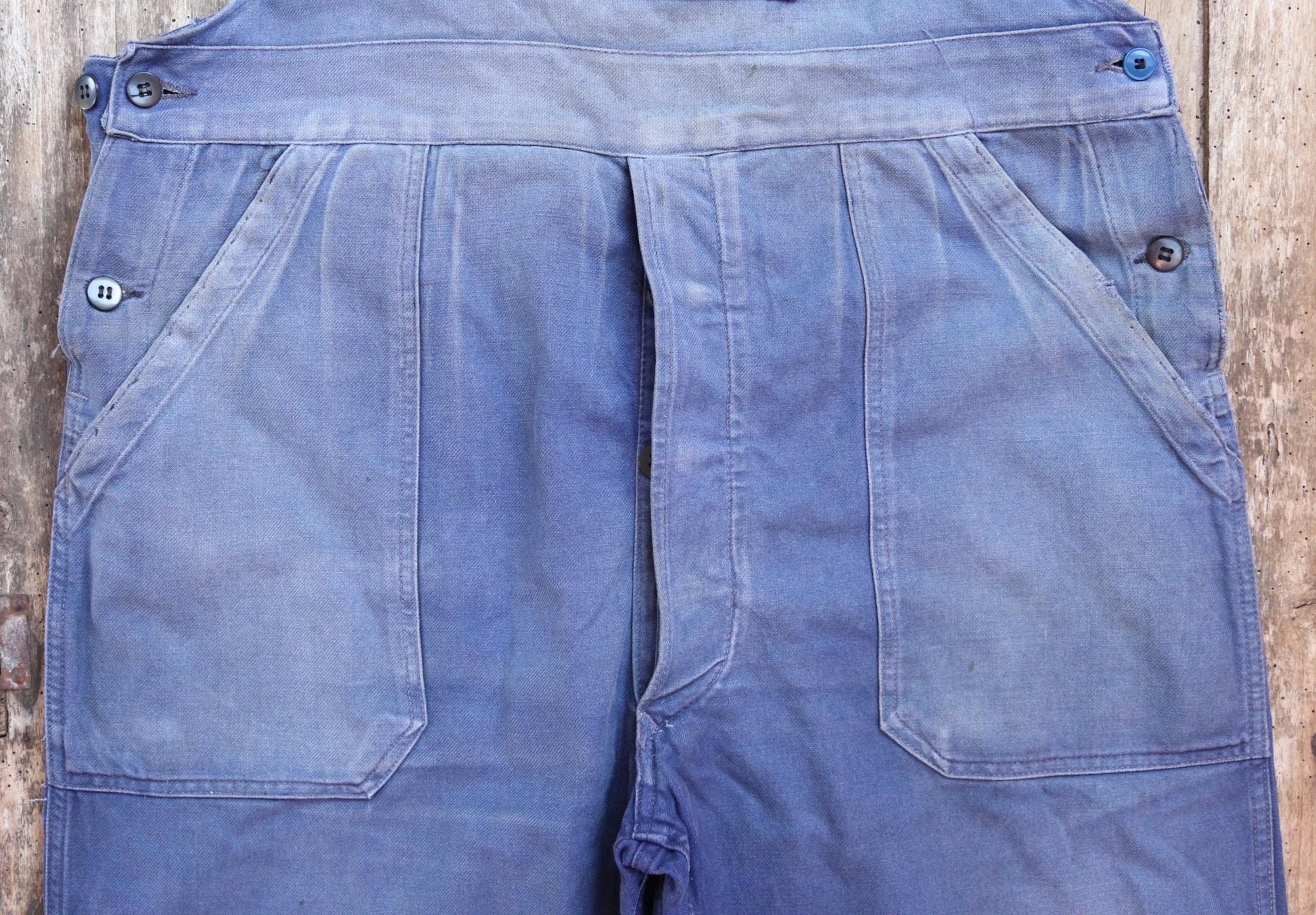 Vintage French blue workwear overalls dungarees 1950s sun faded cotton twill work chore 40” x 26” darned repaired