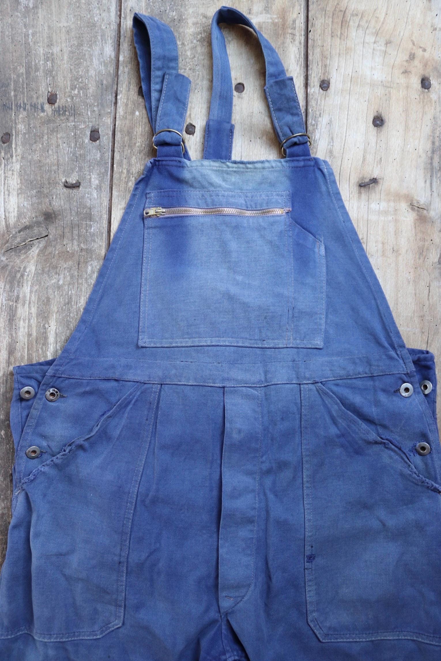 Vintage French workwear overalls - Le Mont St Michel dungarees - 1950s sun faded blue cotton twill - 41” x 26” - darned and repaired