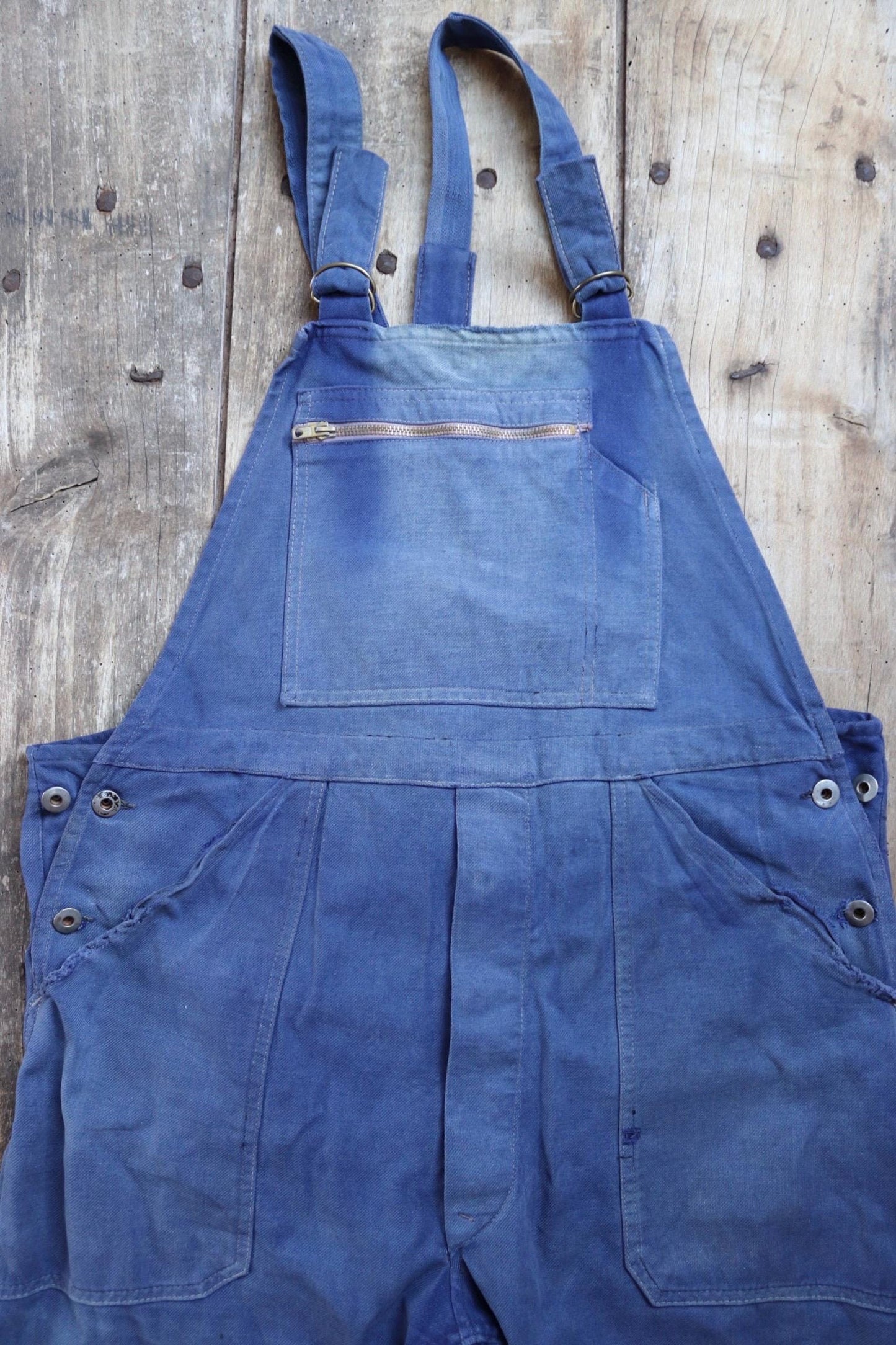 Vintage French workwear overalls dungarees Le Mont St Michel 1950s sun faded blue cotton twill work chore 41” x 26” darned repaired