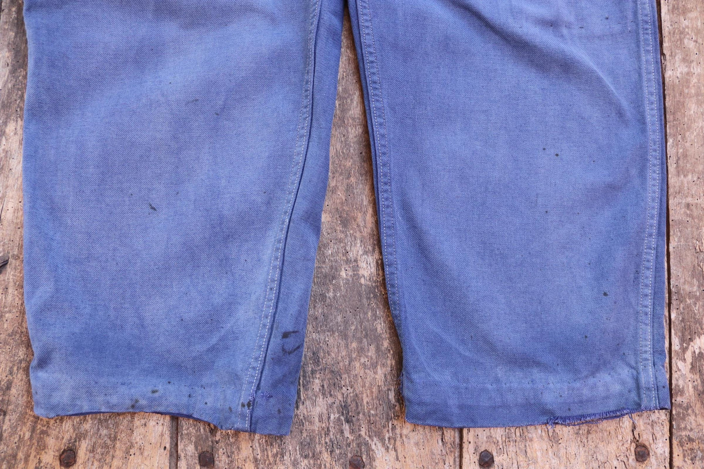 Vintage French workwear overalls dungarees Le Mont St Michel 1950s sun faded blue cotton twill work chore 42” x 26” darned repaired