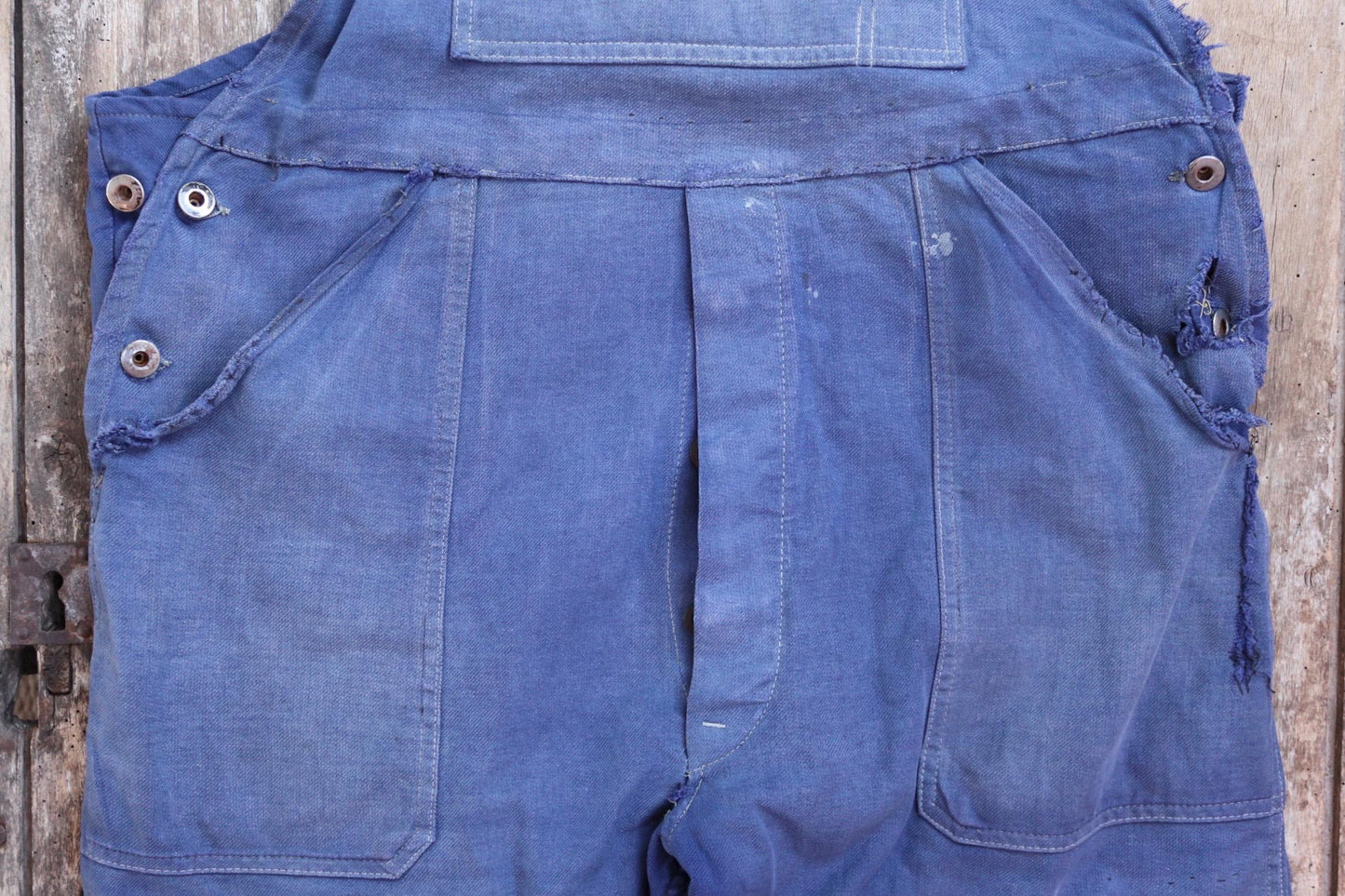 Vintage French workwear overalls dungarees Le Mont St Michel 1950s sun faded blue cotton twill work chore 42” x 26” darned repaired