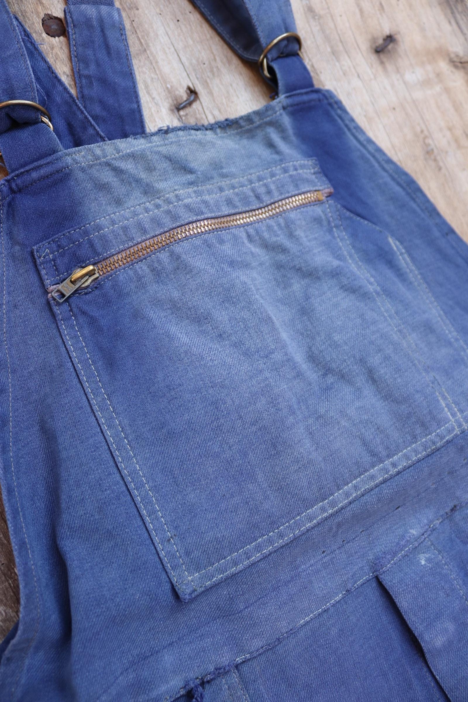 Vintage French workwear overalls dungarees Le Mont St Michel 1950s sun faded blue cotton twill work chore 42” x 26” darned repaired