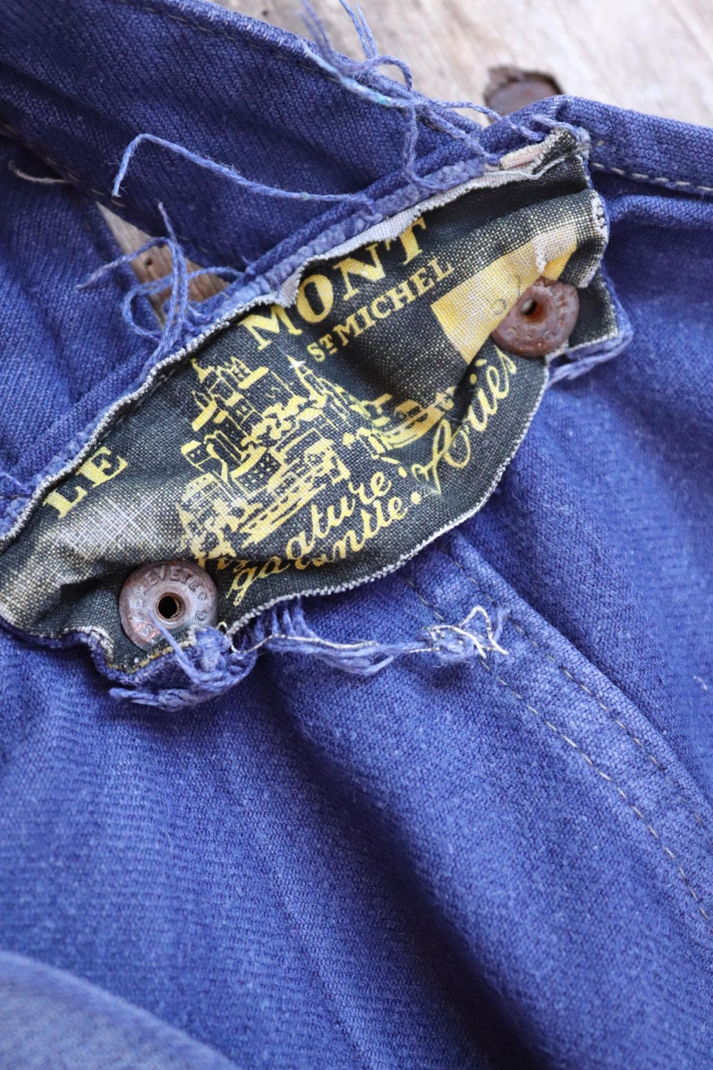 Vintage French workwear overalls dungarees Le Mont St Michel 1950s sun faded blue cotton twill work chore 42” x 26” darned repaired