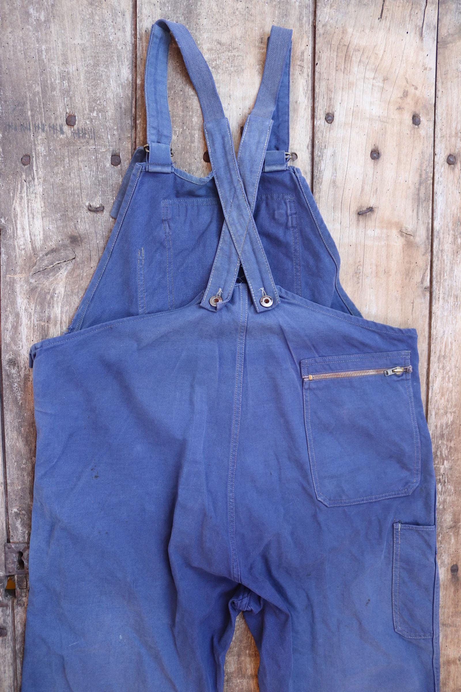 Vintage French workwear overalls dungarees Le Mont St Michel 1950s sun faded blue cotton twill work chore 42” x 26” darned repaired