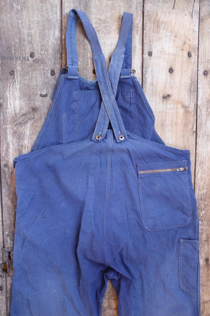 Vintage French workwear overalls dungarees Le Mont St Michel 1950s sun faded blue cotton twill work chore 42” x 26” darned repaired